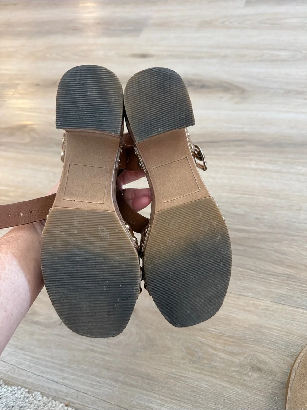 Women's Tan Faux-Leather Studded Block Heel Sandals